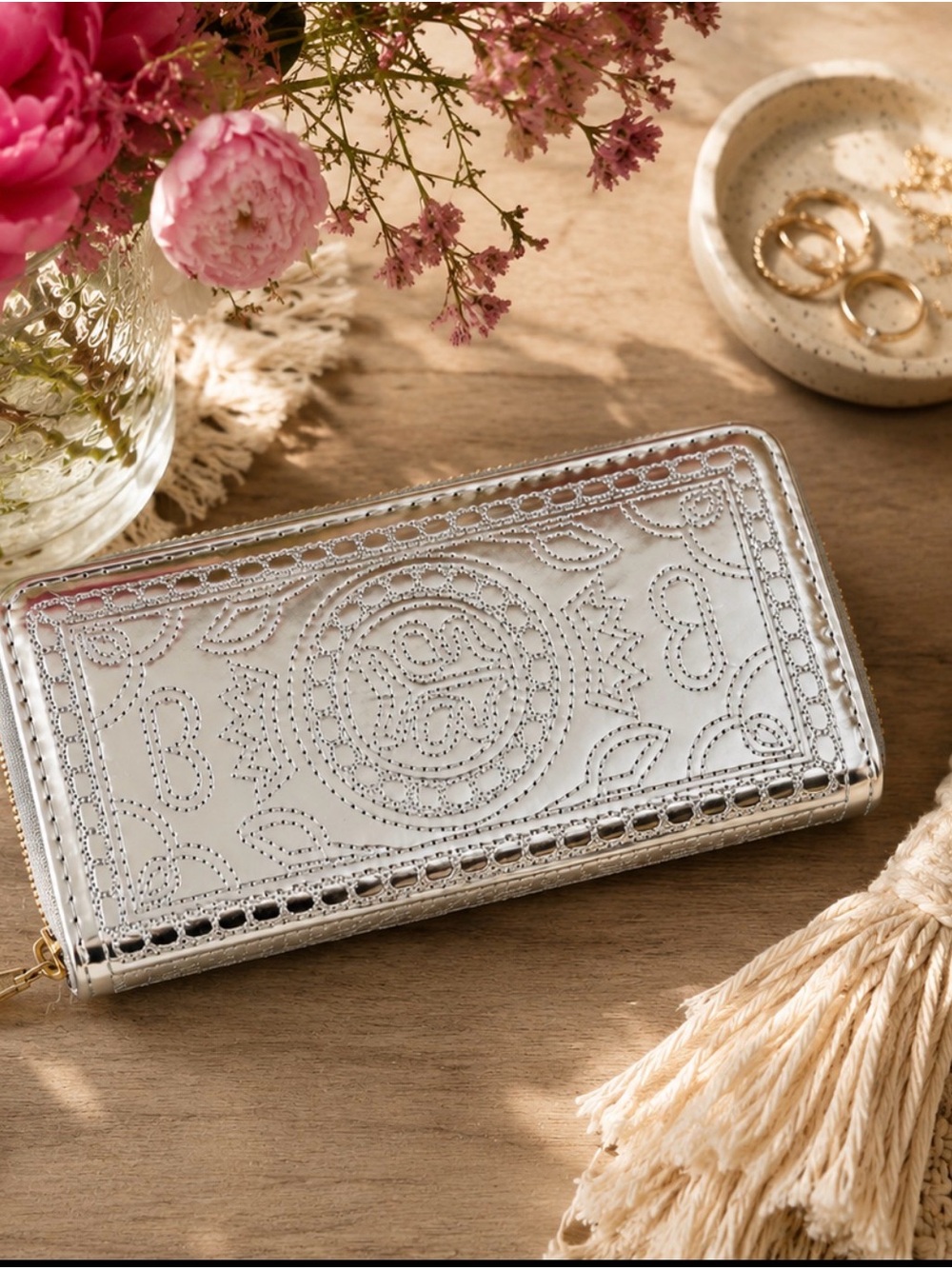 Roxy Metallic Silver Embossed Zip Wallet